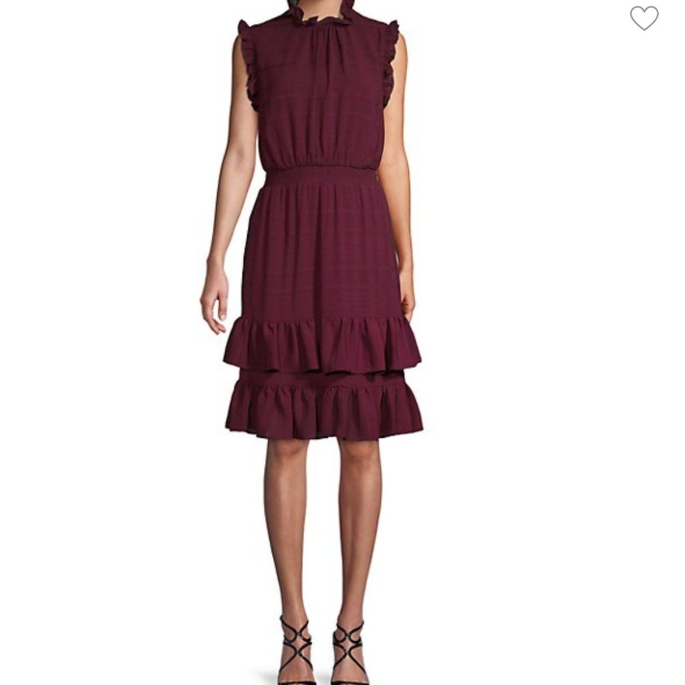 Avec Les Filles Tonal Striped Ruffle wine dress